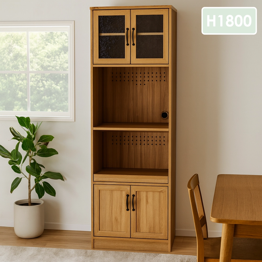 レンジ台】シュランク W60×H180｜グレージュ×木目のおしゃれ家電収納