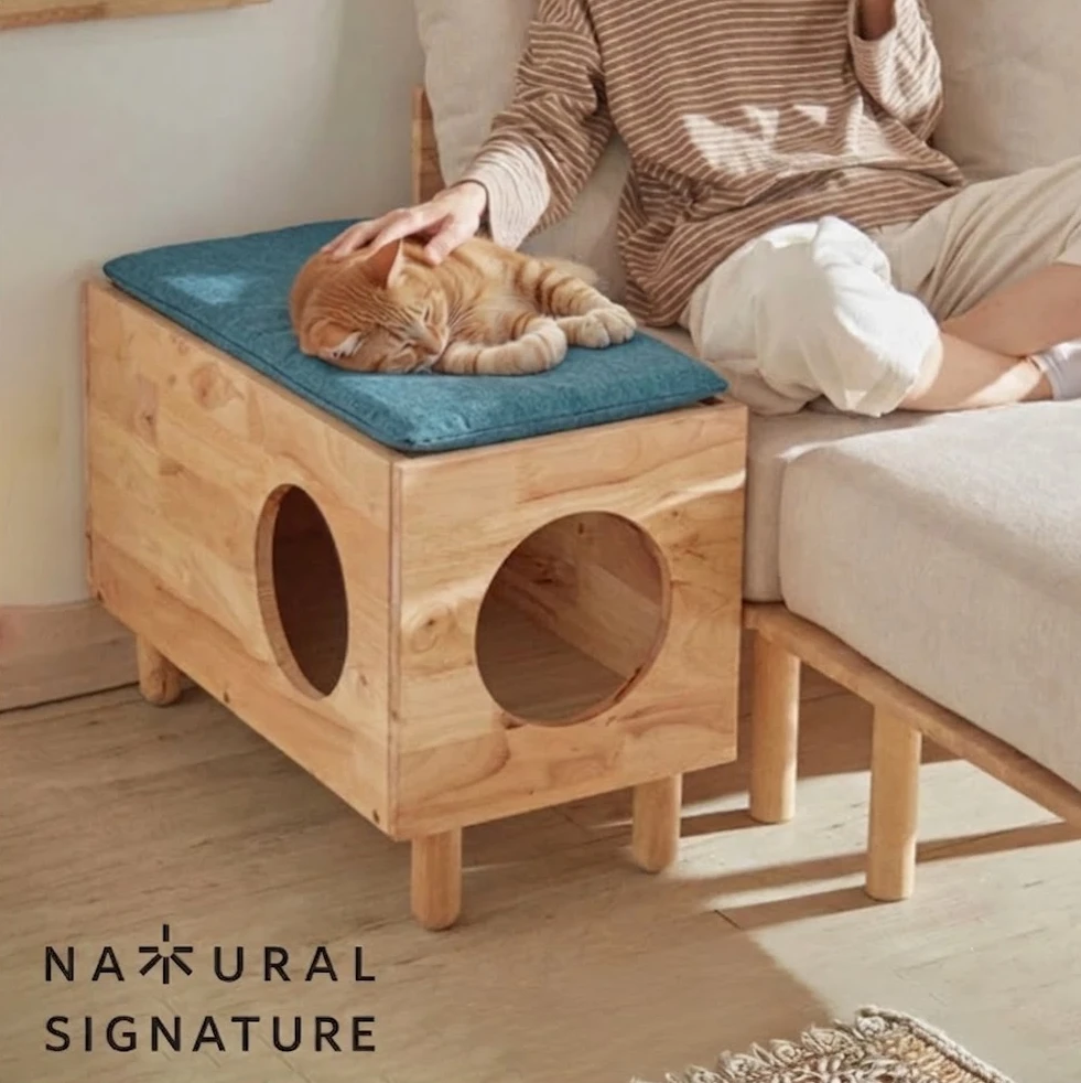 木製ネコハウス 天然木キャットハウス 木製 クッション付き 猫ハウス 据え置き