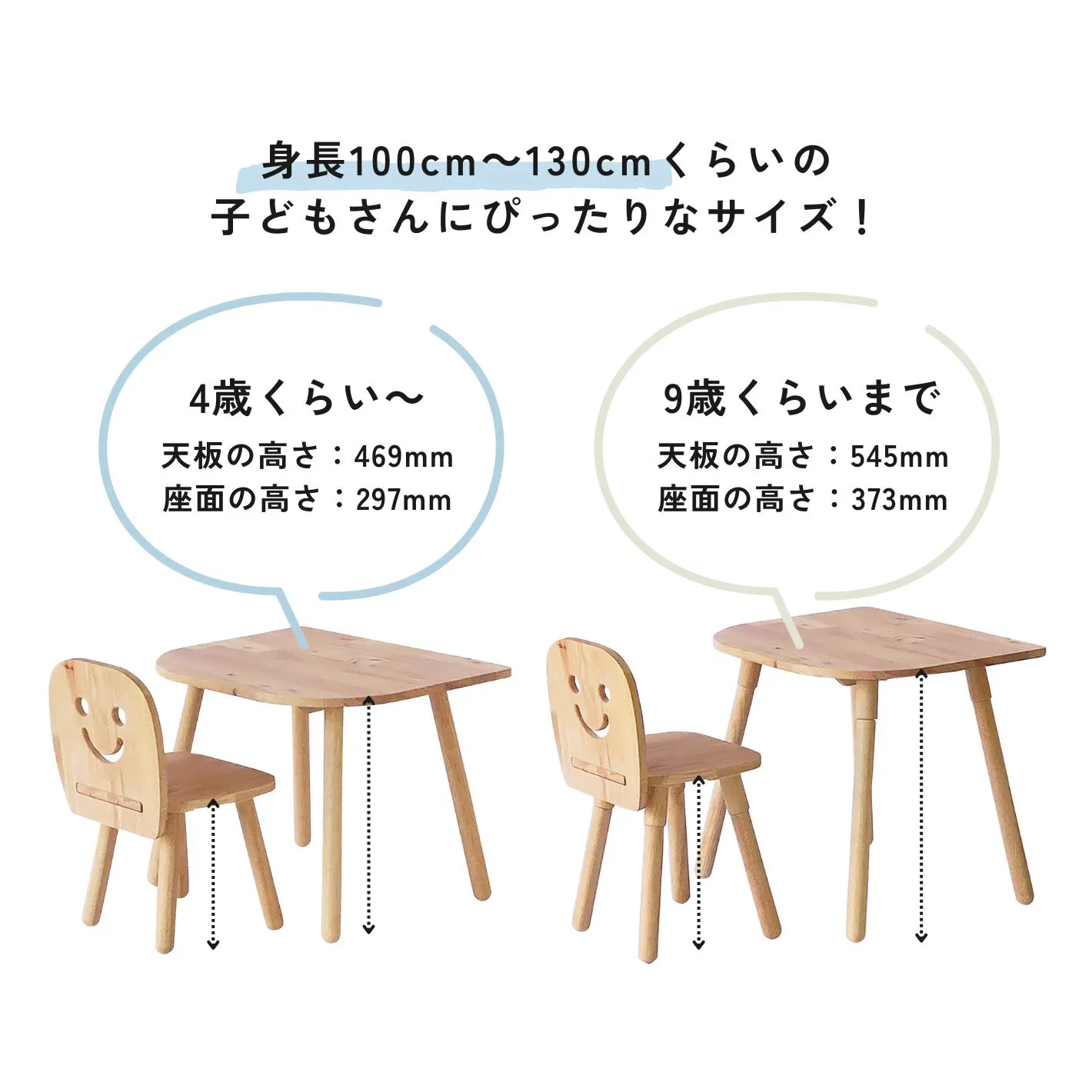 4歳～ 子ども用 無垢材の椅子・机 2点セット 幅60cm